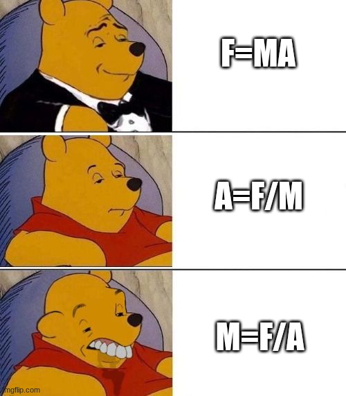 Tuxedo on Top Winnie The Pooh (3 panel) | F=MA; A=F/M; M=F/A | image tagged in tuxedo on top winnie the pooh 3 panel | made w/ Imgflip meme maker