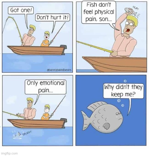 Barely Baked Beans | image tagged in comics,barely baked beans,fishing,pain,rejection,fish | made w/ Imgflip meme maker