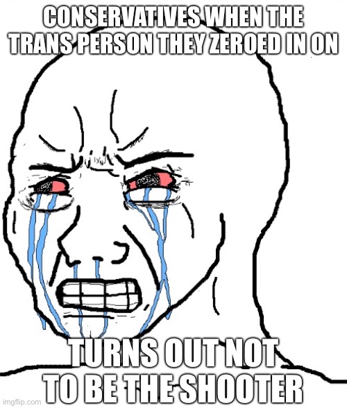 Angry Crying Wojack Face Left | CONSERVATIVES WHEN THE TRANS PERSON THEY ZEROED IN ON; TURNS OUT NOT TO BE THE SHOOTER | image tagged in angry crying wojack face left | made w/ Imgflip meme maker