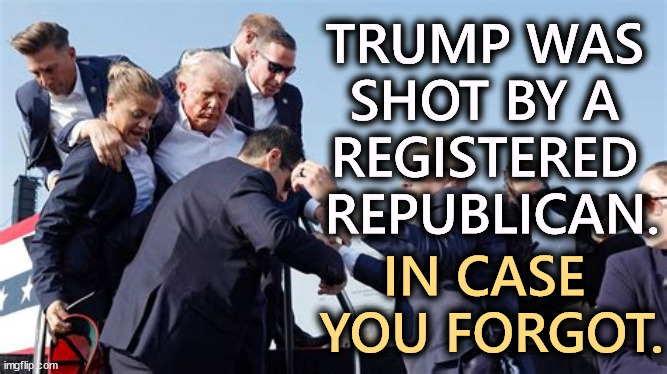 Sorry, Snowflakes, it's more GOP violence. | TRUMP WAS 
SHOT BY A 
REGISTERED 
REPUBLICAN. IN CASE 
YOU FORGOT. | image tagged in trump,assassination,republican,conservative hypocrisy,shooter | made w/ Imgflip meme maker