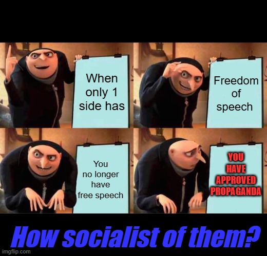 Wasn't ever the founding father's plan. | When only 1 side has; Freedom of speech; YOU HAVE APPROVED PROPAGANDA; You no longer have free speech; How socialist of them? | image tagged in memes,gru's plan | made w/ Imgflip meme maker