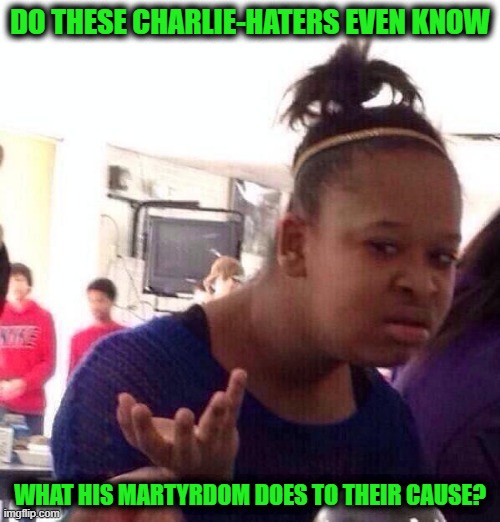 Reality Hits you Hard, Bro | DO THESE CHARLIE-HATERS EVEN KNOW; WHAT HIS MARTYRDOM DOES TO THEIR CAUSE? | image tagged in memes,black girl wat | made w/ Imgflip meme maker
