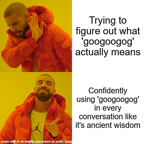 Me with 8 years | Trying to figure out what 'googoogog' actually means; Confidently using 'googoogog' in every conversation like it's ancient wisdom | image tagged in memes,drake hotline bling | made w/ Imgflip meme maker