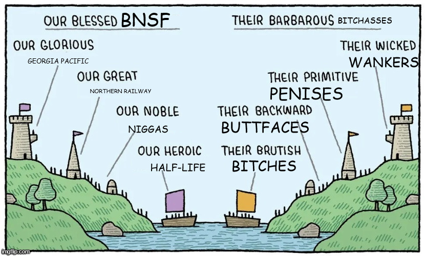 i have no fucking idea what the fuck i was doing | BITCHASSES; BNSF; GEORGIA PACIFIC; WANKERS; NORTHERN RAILWAY; PENISES; BUTTFACES; NIGGAS; BITCHES; HALF-LIFE | image tagged in our blessed homeland their barbarous wastes | made w/ Imgflip meme maker