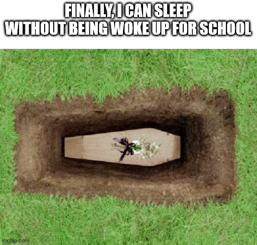 lol idk | FINALLY, I CAN SLEEP WITHOUT BEING WOKE UP FOR SCHOOL | image tagged in coffin,dead | made w/ Imgflip meme maker