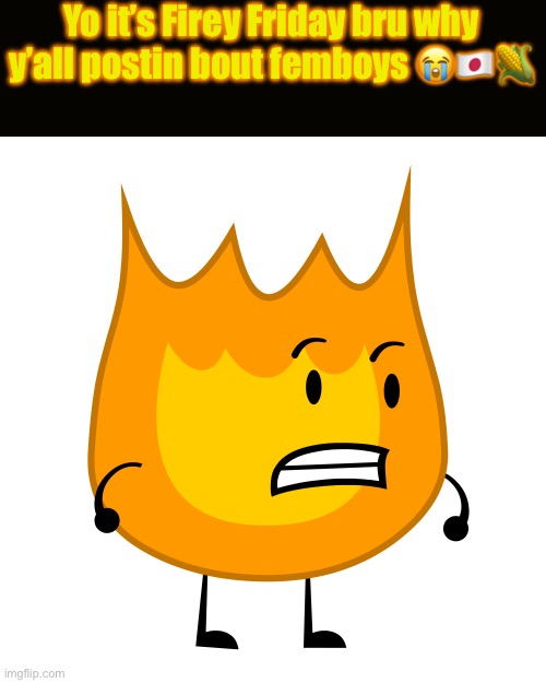 Firey BFDI | Yo it’s Firey Friday bru why y’all postin bout femboys 😭🇯🇵🌽 | image tagged in firey bfdi | made w/ Imgflip meme maker