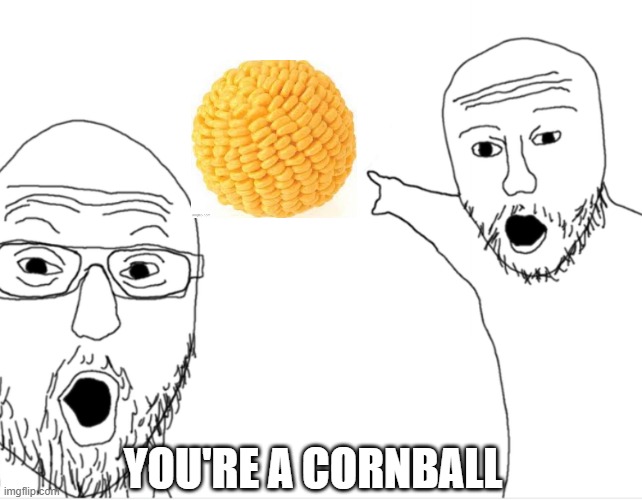 2 Guys pointing | YOU'RE A CORNBALL | image tagged in 2 guys pointing | made w/ Imgflip meme maker