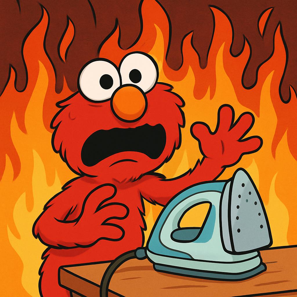 Elmo looking scared with an Iron on a table and fire in the back Blank Meme Template