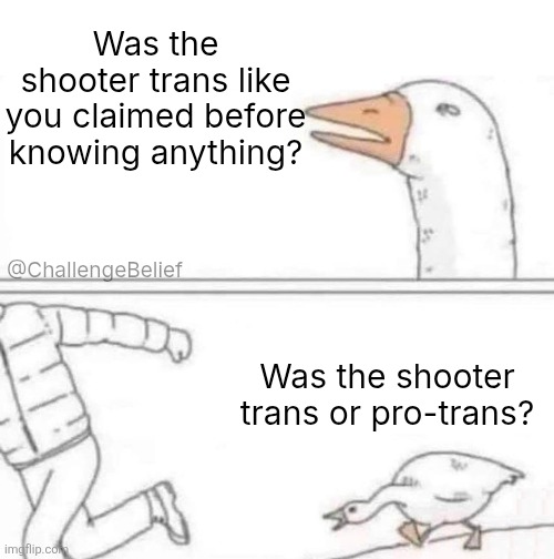 Was the shooter trans | Was the shooter trans like you claimed before knowing anything? @ChallengeBelief; Was the shooter trans or pro-trans? | image tagged in goose chase | made w/ Imgflip meme maker