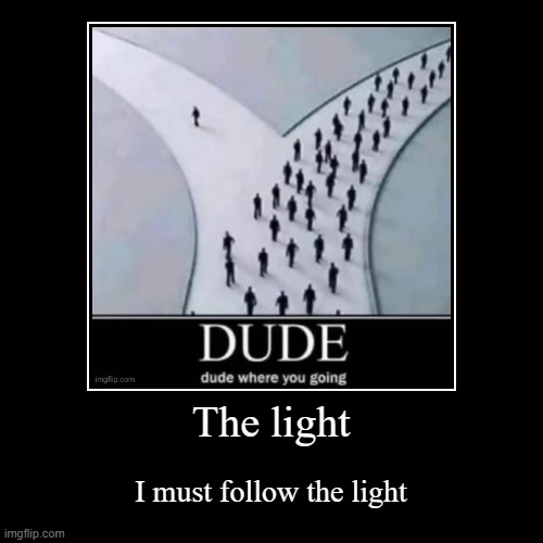 The light | I must follow the light | image tagged in demotivationals | made w/ Imgflip demotivational maker