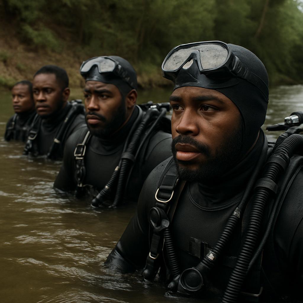 elite scuba team black men faces seen emerging from one side of Blank Meme Template