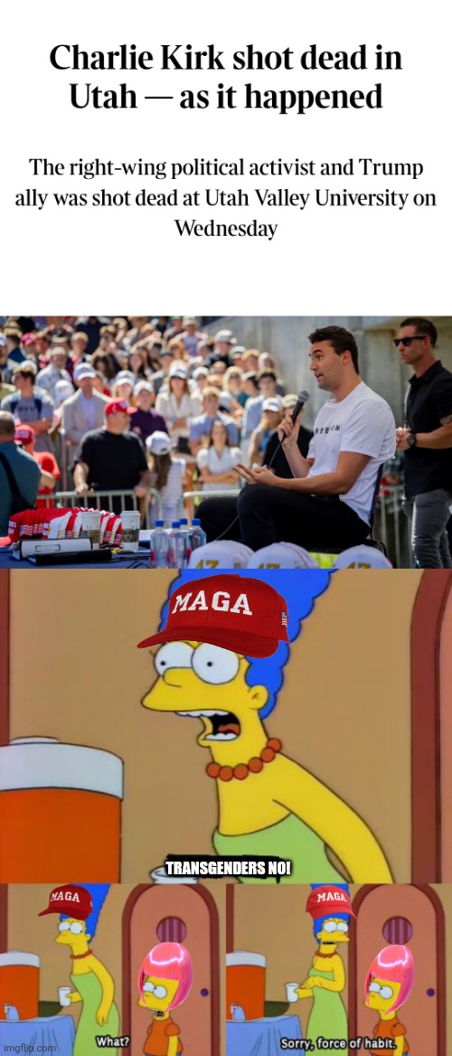 This meme is unrealistic because they would never apologize for blaming transpeople | TRANSGENDERS NO! | image tagged in simpsons bart no,charlie kirk,shooting,gun violence,transphobic,conservative logic | made w/ Imgflip meme maker