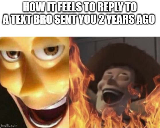 Satanic woody (no spacing) | HOW IT FEELS TO REPLY TO A TEXT BRO SENT YOU 2 YEARS AGO | image tagged in satanic woody no spacing | made w/ Imgflip meme maker