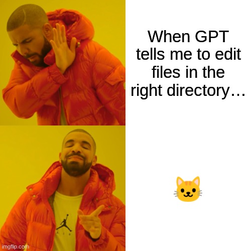 Drake Hotline Bling Meme | When GPT tells me to edit files in the right directory…; 🐱 | image tagged in memes,drake hotline bling | made w/ Imgflip meme maker