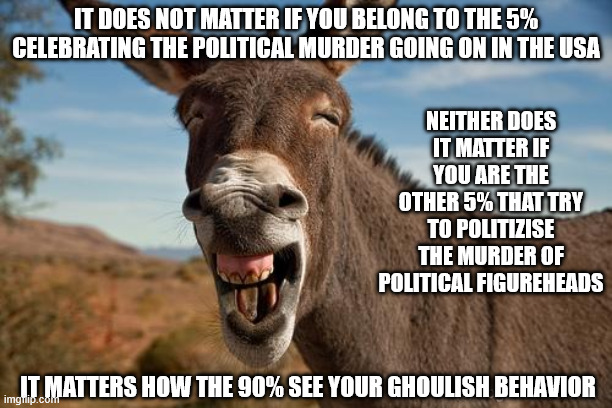 Donkey Jackass Braying | IT DOES NOT MATTER IF YOU BELONG TO THE 5% CELEBRATING THE POLITICAL MURDER GOING ON IN THE USA; NEITHER DOES IT MATTER IF YOU ARE THE OTHER 5% THAT TRY TO POLITIZISE THE MURDER OF POLITICAL FIGUREHEADS; IT MATTERS HOW THE 90% SEE YOUR GHOULISH BEHAVIOR | image tagged in donkey jackass braying | made w/ Imgflip meme maker