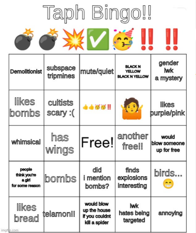 //hi uh. this is out of character but uhh i did this bingo in character. anyways back to gimmicking | image tagged in taph bingo | made w/ Imgflip meme maker