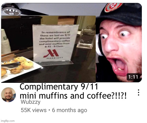No way chat | Complimentary 9/11 mini muffins and coffee?!!?! | image tagged in wubzzy reaction blank | made w/ Imgflip meme maker
