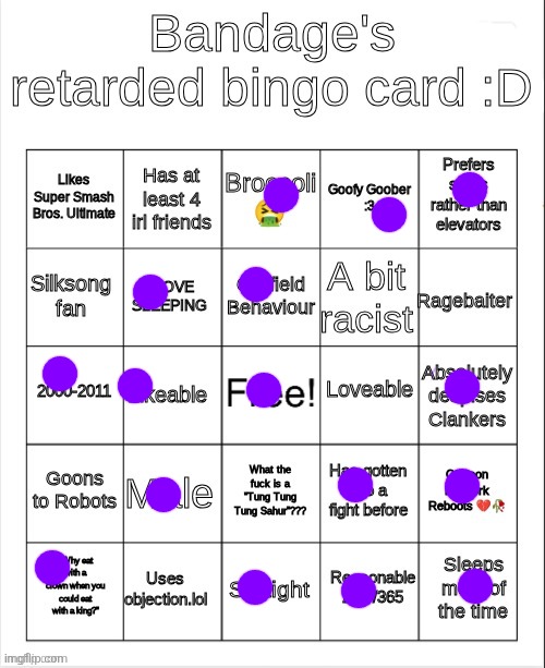 he just like me for real | image tagged in bandage's retarded bingo card d | made w/ Imgflip meme maker