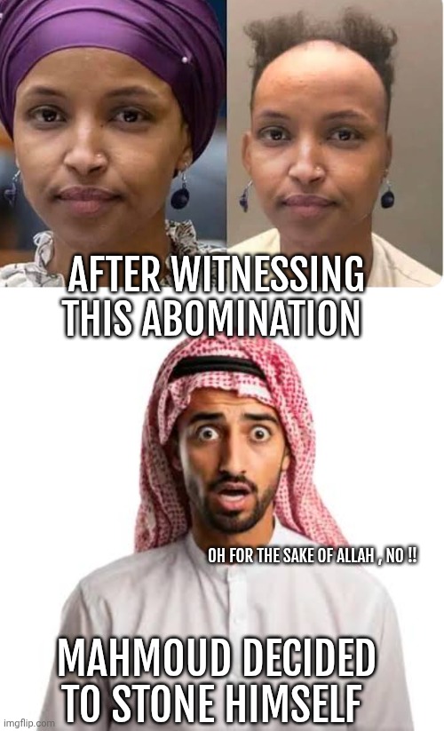Ilhan Omar meme | AFTER WITNESSING THIS ABOMINATION; OH FOR THE SAKE OF ALLAH , NO !! MAHMOUD DECIDED TO STONE HIMSELF | image tagged in scary | made w/ Imgflip meme maker