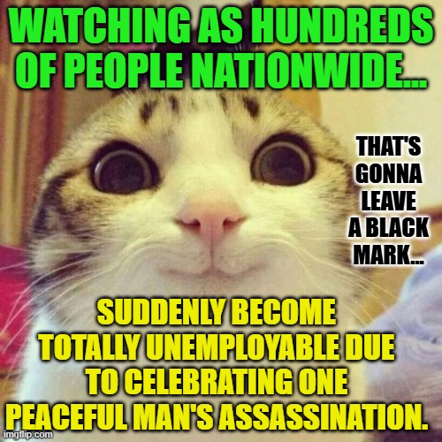 Smiling Cat | WATCHING AS HUNDREDS OF PEOPLE NATIONWIDE... THAT'S GONNA LEAVE A BLACK MARK... SUDDENLY BECOME TOTALLY UNEMPLOYABLE DUE TO CELEBRATING ONE PEACEFUL MAN'S ASSASSINATION. | image tagged in memes,smiling cat | made w/ Imgflip meme maker