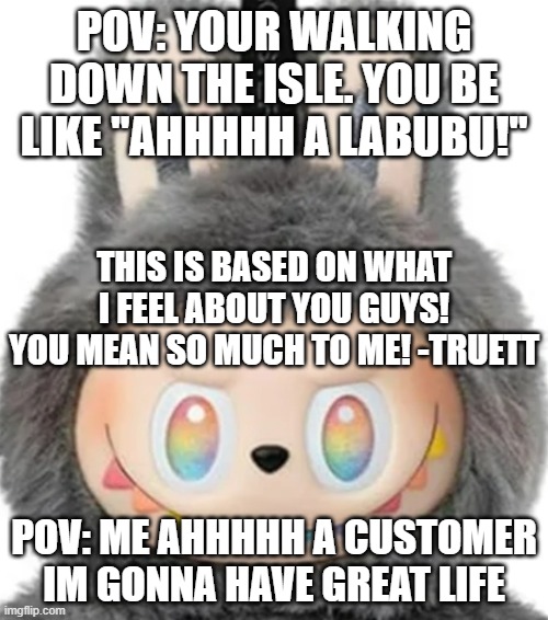 Labubu | POV: YOUR WALKING DOWN THE ISLE. YOU BE LIKE ''AHHHHH A LABUBU!''; THIS IS BASED ON WHAT I FEEL ABOUT YOU GUYS! YOU MEAN SO MUCH TO ME! -TRUETT; POV: ME AHHHHH A CUSTOMER IM GONNA HAVE GREAT LIFE | image tagged in labubu | made w/ Imgflip meme maker