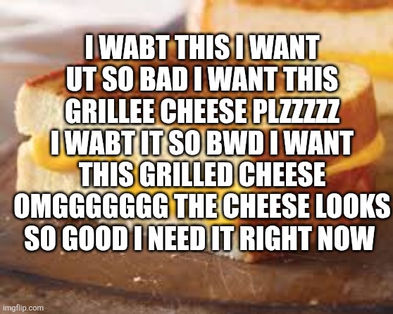 I WABT THIS I WANT UT SO BAD I WANT THIS GRILLEE CHEESE PLZZZZZ I WABT IT SO BWD I WANT THIS GRILLED CHEESE OMGGGGGGG THE CHEESE LOOKS SO GOOD I NEED IT RIGHT NOW | made w/ Imgflip meme maker