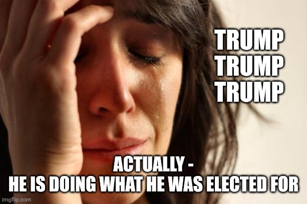 First World Problems Meme | TRUMP
TRUMP
TRUMP ACTUALLY -
HE IS DOING WHAT HE WAS ELECTED FOR | image tagged in memes,first world problems | made w/ Imgflip meme maker