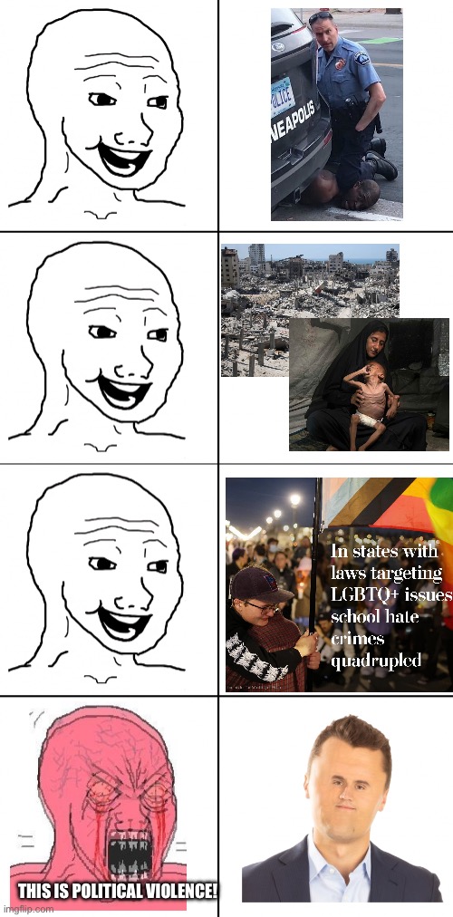 "I can't stand the word empathy actually. I think empathy is a made up. new age term and it does a lot of damage."—Charlie Kirk | THIS IS POLITICAL VIOLENCE! | image tagged in charlie kirk,mass shooting,hate crime,genocide,palestine,hypocrisy | made w/ Imgflip meme maker