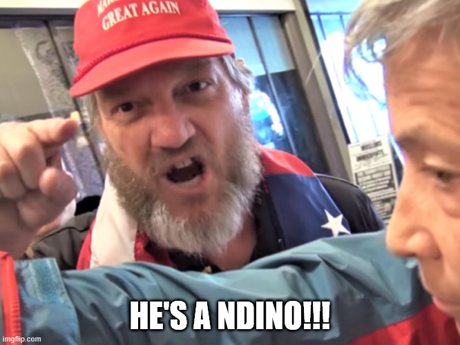Angry Trump Supporter | HE'S A NDINO!!! | image tagged in angry trump supporter | made w/ Imgflip meme maker