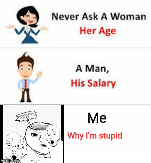 Never ask a woman her age | Me; Why I'm stupid | image tagged in never ask a woman her age | made w/ Imgflip meme maker