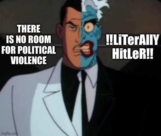 I’m confused. Which is it? | THERE IS NO ROOM FOR POLITICAL VIOLENCE; !!LiTerAllY HitLeR!! | image tagged in two face | made w/ Imgflip meme maker