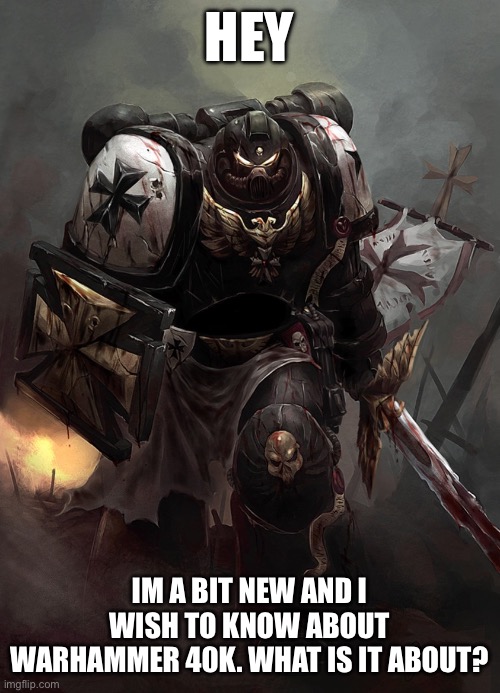 Warhammer 40k Black Templar | HEY; IM A BIT NEW AND I WISH TO KNOW ABOUT WARHAMMER 40K. WHAT IS IT ABOUT? | image tagged in warhammer 40k black templar | made w/ Imgflip meme maker