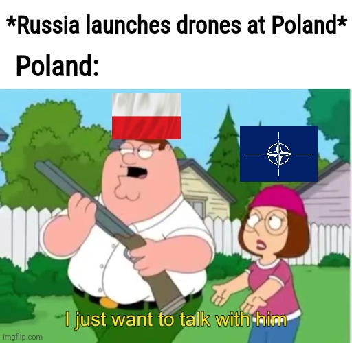 Ah shit. Here we go again... | *Russia launches drones at Poland*; Poland: | image tagged in i just want to talk with him,ww3,poland,russia,nato | made w/ Imgflip meme maker