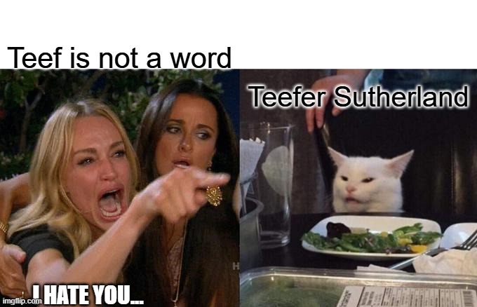 Teef Teeth word crimes | Teef is not a word; Teefer Sutherland; I HATE YOU... | image tagged in memes,woman yelling at cat | made w/ Imgflip meme maker