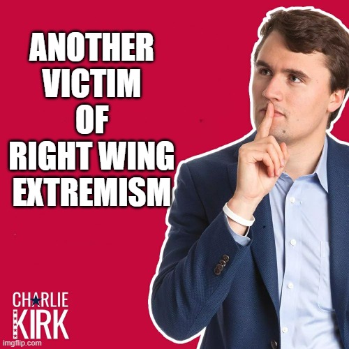 ANOTHER VICTIM OF RIGHT WING EXTREMISM | image tagged in charlie kirk | made w/ Imgflip meme maker