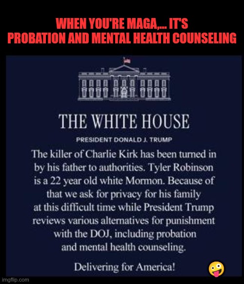 No Justice for Charlie | WHEN YOU'RE MAGA,... IT'S PROBATION AND MENTAL HEALTH COUNSELING; 🤪 | image tagged in trump,gop,maga,nazi,fascist,tyler robinson | made w/ Imgflip meme maker