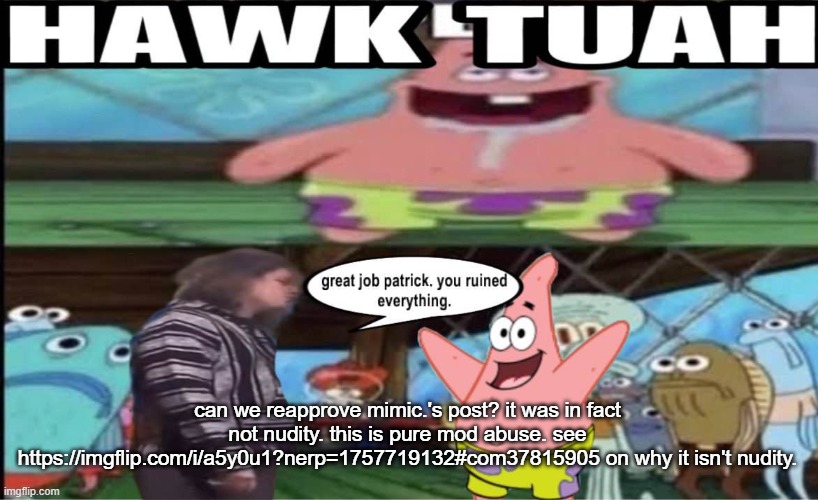 it may be horrendous but it shouldn't be disapproved either. | can we reapprove mimic.'s post? it was in fact not nudity. this is pure mod abuse. see https://imgflip.com/i/a5y0u1?nerp=1757719132#com37815905 on why it isn't nudity. | image tagged in hawk tuah patrick | made w/ Imgflip meme maker