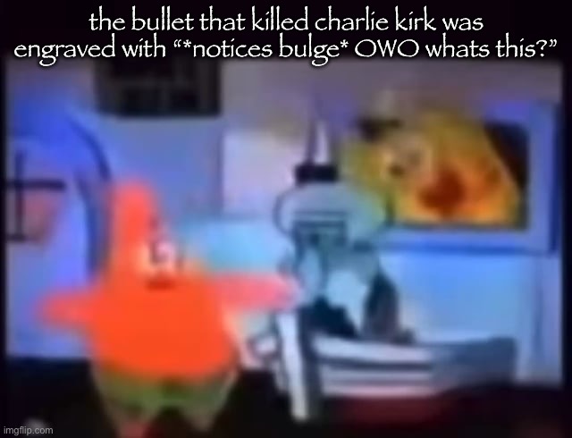 what is this planet becoming | the bullet that killed charlie kirk was engraved with “*notices bulge* OWO whats this?” | image tagged in a | made w/ Imgflip meme maker