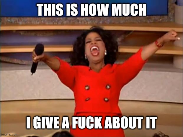 Oprah how much I give a | THIS IS HOW MUCH; I GIVE A FUCK ABOUT IT | image tagged in memes,oprah you get a | made w/ Imgflip meme maker