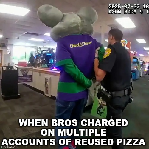 Chuck e cheese arrested meme | WHEN BROS CHARGED ON MULTIPLE ACCOUNTS OF REUSED PIZZA | image tagged in memes,chuck e cheese,arrested,cops,pizza,crime | made w/ Imgflip meme maker