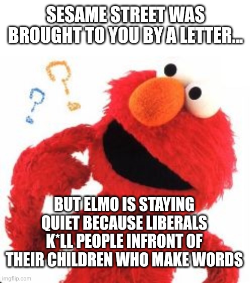 Elmo Questions | SESAME STREET WAS BROUGHT TO YOU BY A LETTER... BUT ELMO IS STAYING QUIET BECAUSE LIBERALS K*LL PEOPLE INFRONT OF THEIR CHILDREN WHO MAKE WORDS | image tagged in elmo questions | made w/ Imgflip meme maker