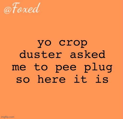 foxed orange temp | yo crop duster asked me to pee plug so here it is | image tagged in foxed orange temp | made w/ Imgflip meme maker
