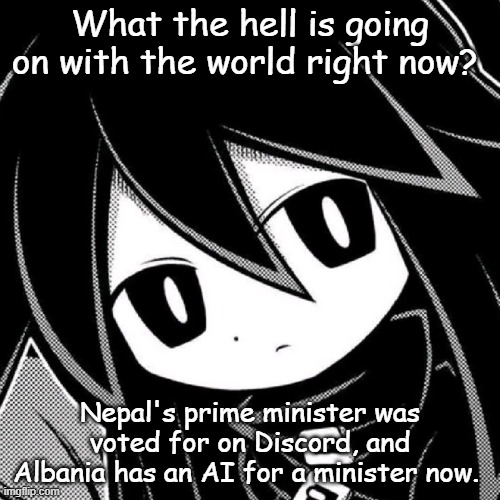 What the hell is going on with the world right now? Nepal's prime minister was voted for on Discord, and Albania has an AI for a minister now. | made w/ Imgflip meme maker