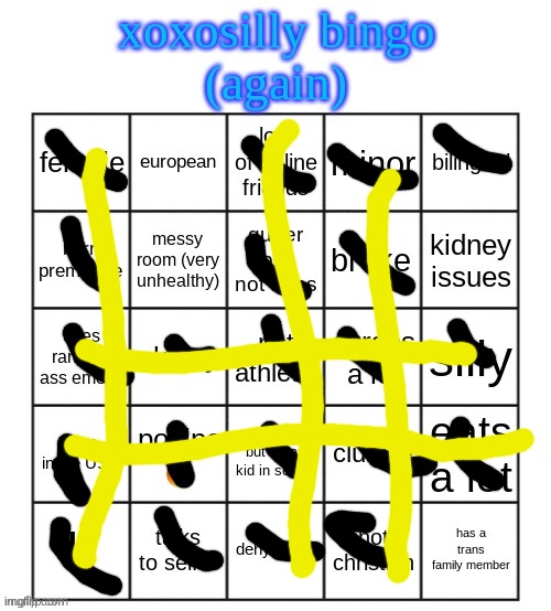 YAYAYAYAYA -xoxosilly | image tagged in xoxosilly bingo again | made w/ Imgflip meme maker
