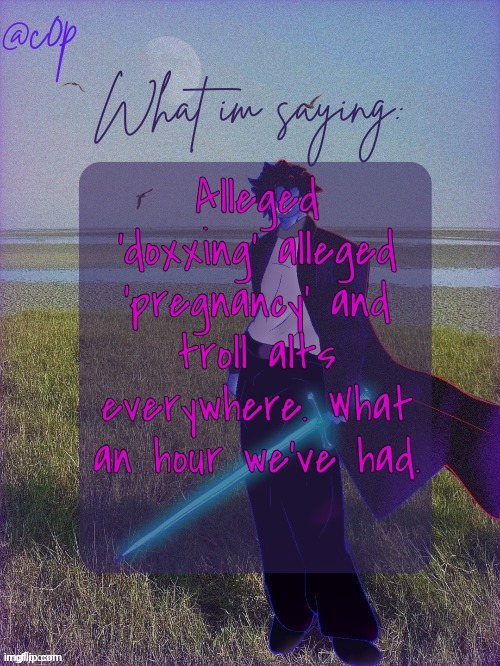 c0p template by Grace | Alleged 'doxxing' alleged 'pregnancy' and troll alts everywhere. What an hour we've had. | image tagged in c0p template by grace | made w/ Imgflip meme maker