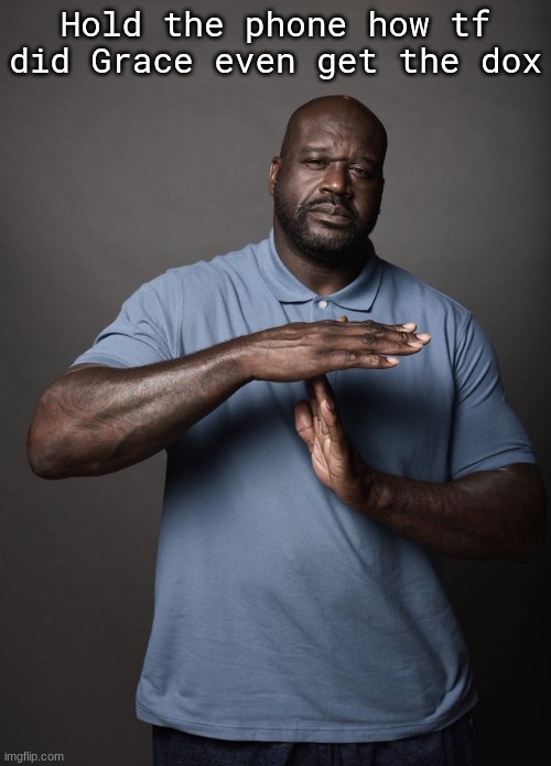 Shaq timeout | Hold the phone how tf did Grace even get the dox | image tagged in shaq timeout | made w/ Imgflip meme maker