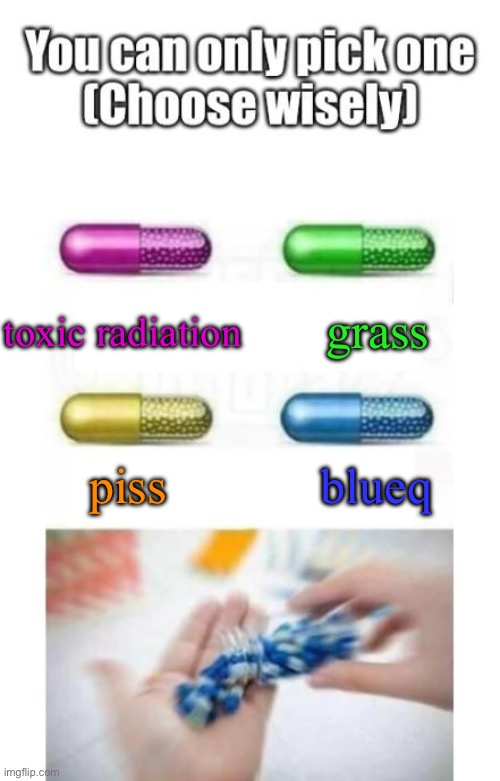 Choose wisely | grass; toxic radiation; piss; blueq | image tagged in choose wisely | made w/ Imgflip meme maker