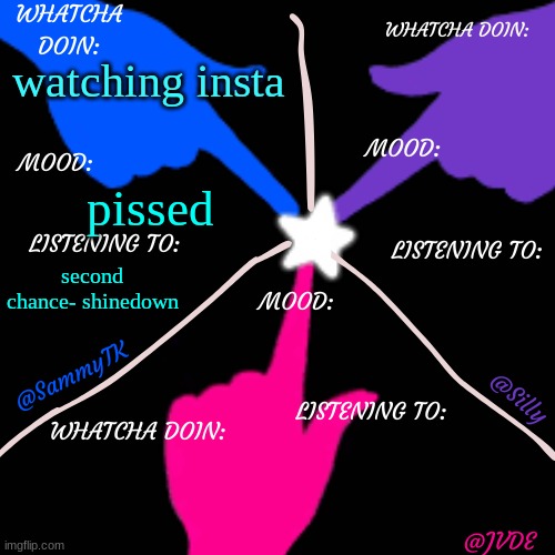 SJS shared temp. | watching insta; pissed; second chance- shinedown | image tagged in sjs shared temp | made w/ Imgflip meme maker