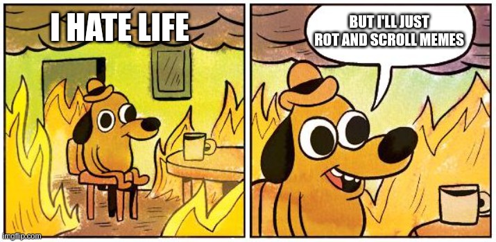 World view | BUT I'LL JUST ROT AND SCROLL MEMES; I HATE LIFE | image tagged in this is fine blank | made w/ Imgflip meme maker