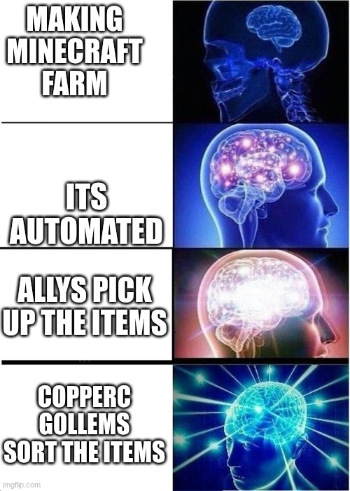 levels of intelligence | MAKING MINECRAFT FARM; ITS AUTOMATED; ALLYS PICK UP THE ITEMS; COPPERC GOLLEMS SORT THE ITEMS | image tagged in levels of intelligence | made w/ Imgflip meme maker